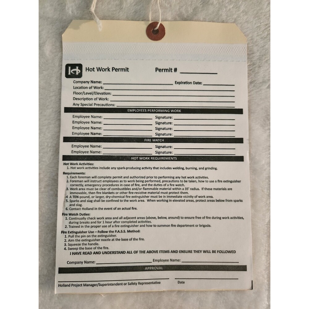 Hot Work Permit Tag 50-pk. -Carbon Copy, Cardstock, 5.5 x 8.0 " Tie String NEW